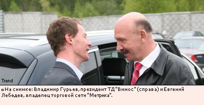 На снимке: Владимир Гурьев, президент ТД Вимос (справа) и Евгений Лебедев, владелец торговой сети Метрика.